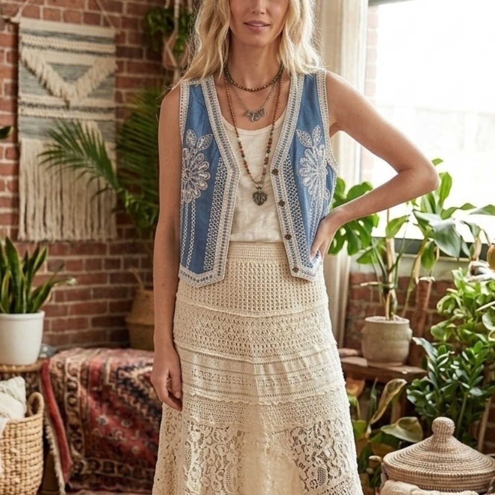 V240. Vintage Boho Sequins Crochet Embroidered‎ Crop Vest